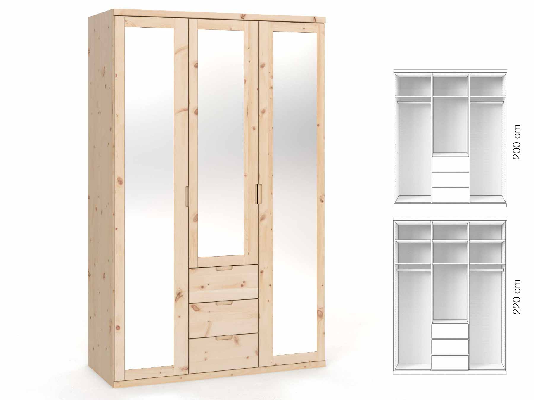 Zirbenschrank „Sandra“, 3-türig, Höhe 220 cm, Griffausführung „Lukas“, Inneneinrichtung: E