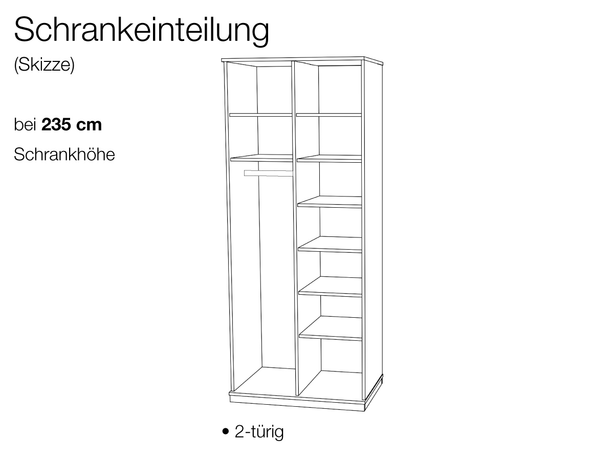 Einteilung Zirbenschrank 2-türig mit 235 cm Höhe