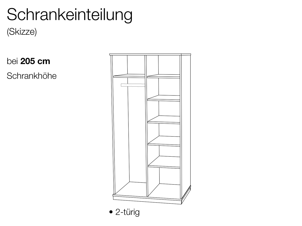 Einteilung Zirbenschrank 2-türig mit 205 cm Höhe