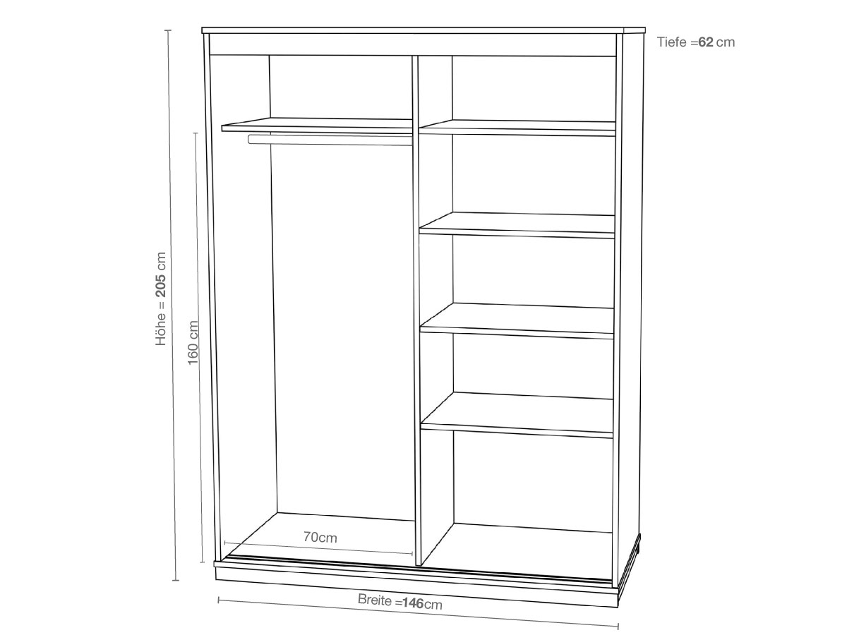 Einteilung eines 2-türigen Kleiderschrankes bei Schrankhöhe von 205 cm