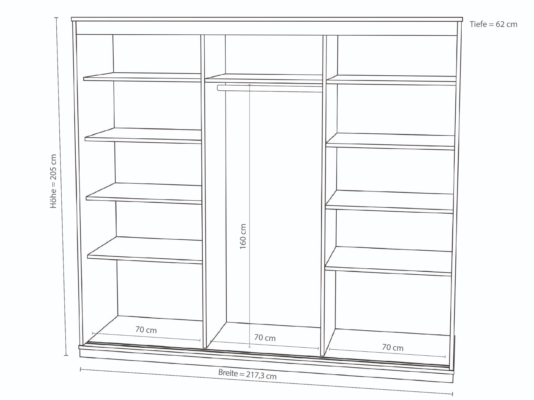 Einteilung eines 3-türigen Kleiderschrankes bei Schrankhöhe von 205 cm