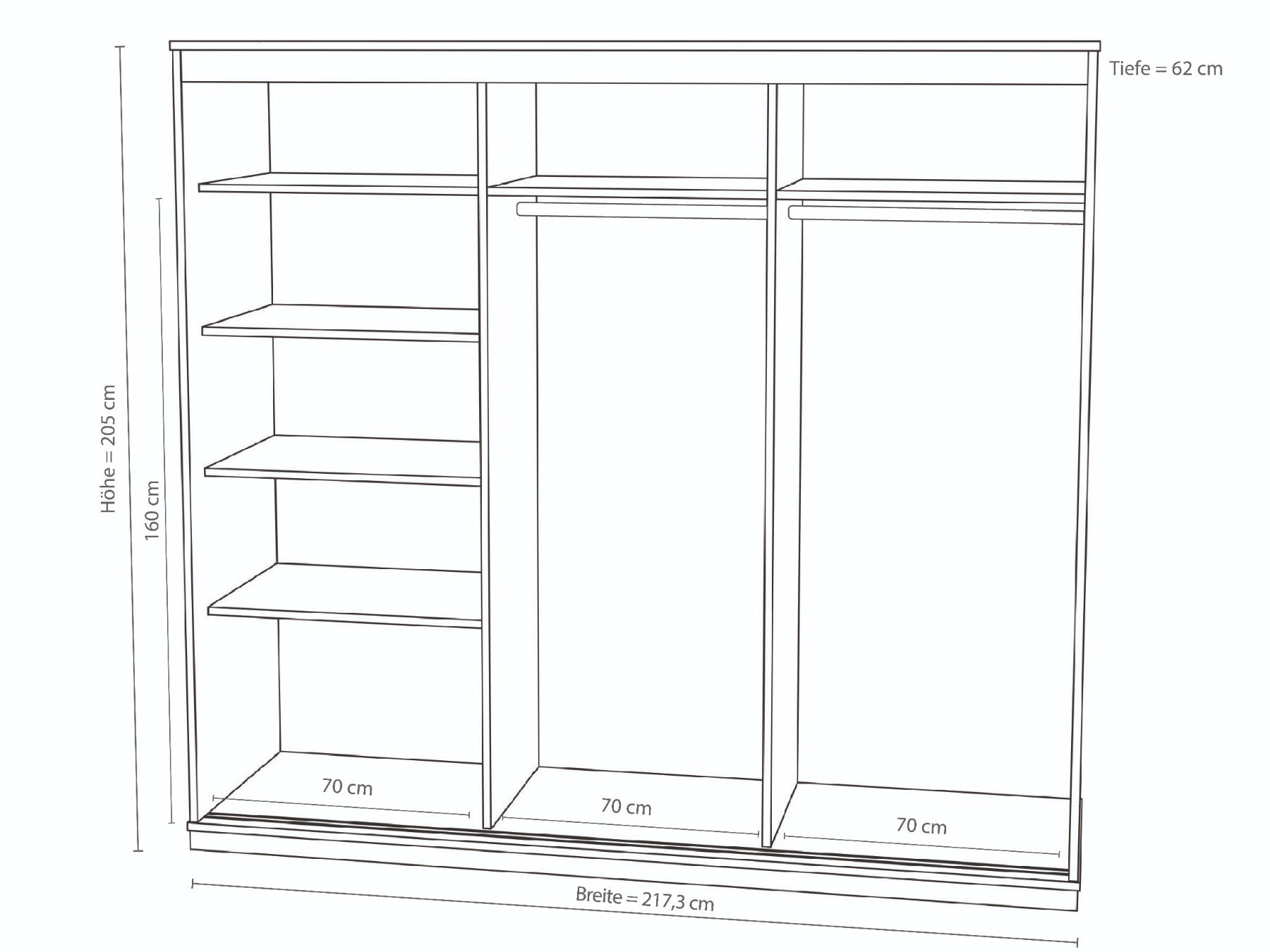 Einteilung eines 3-türigen Kleiderschrankes bei Schrankhöhe von 205 cm mit einer extra Kleiderstange links