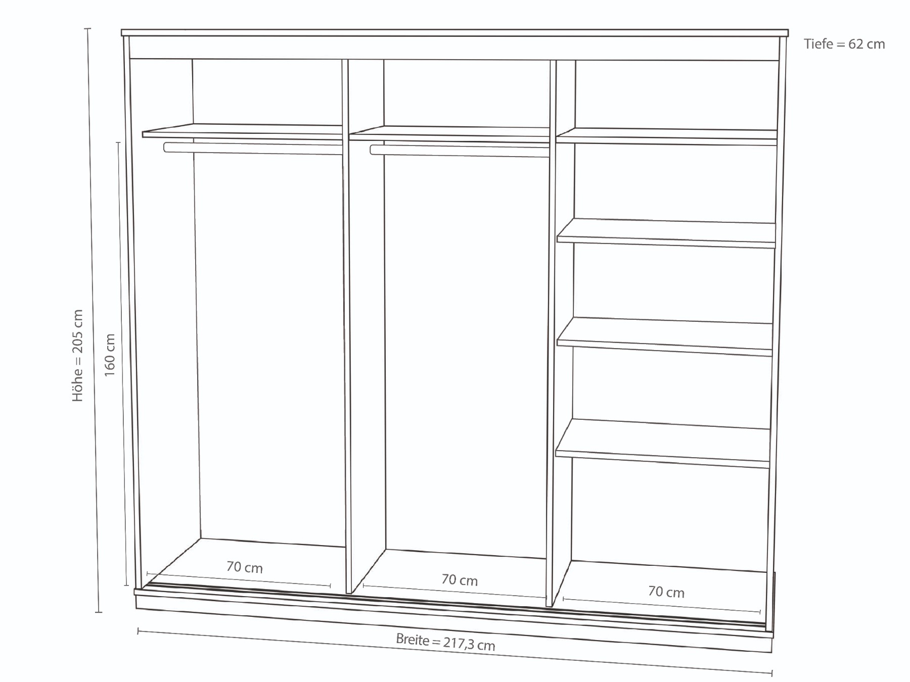Einteilung eines 3-türigen Kleiderschrankes bei Schrankhöhe von 205 cm mit einer extra Kleiderstange links