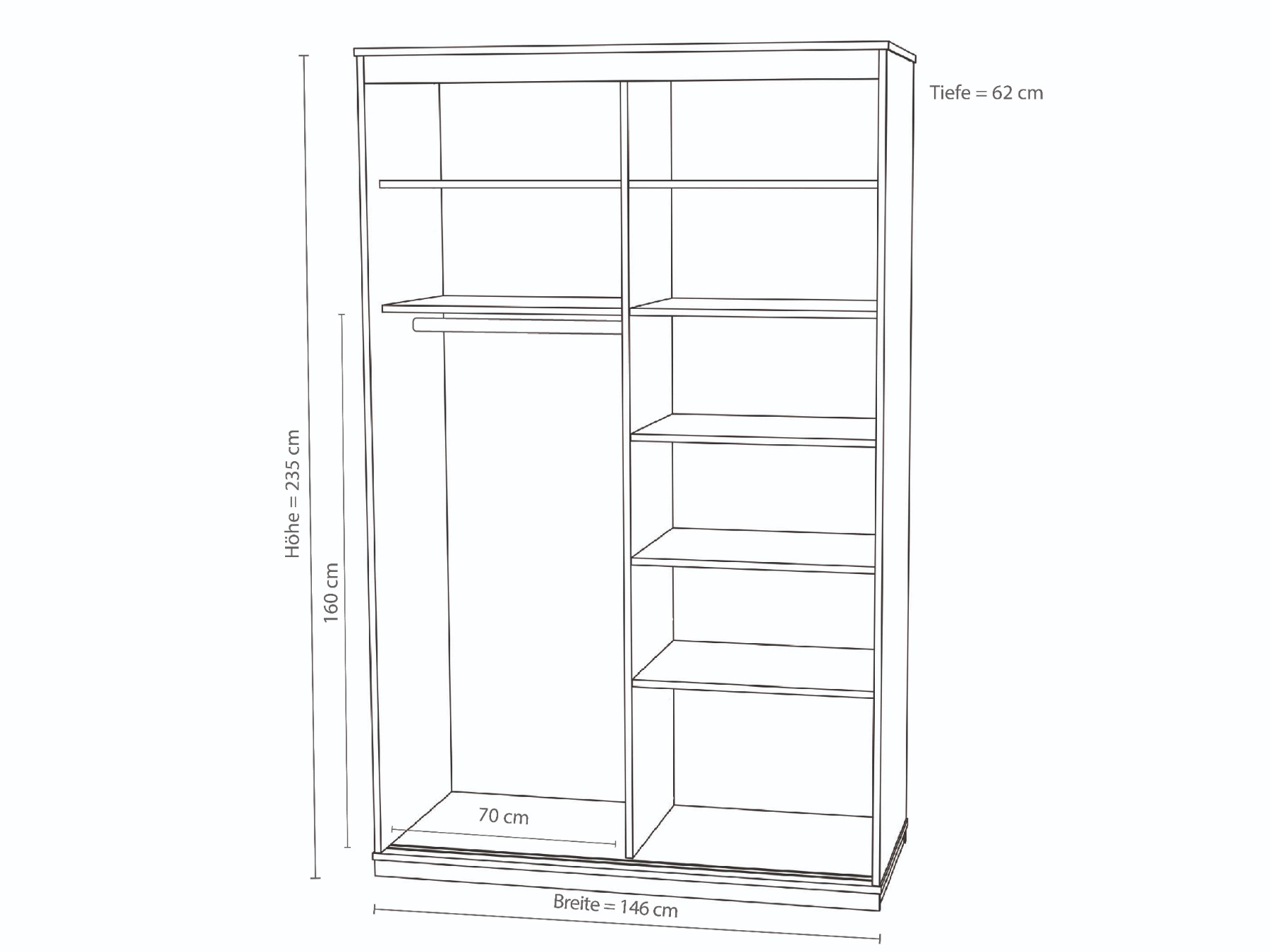 Einteilung eines 2-türigen Kleiderschrankes bei Schrankhöhe von 235 cm