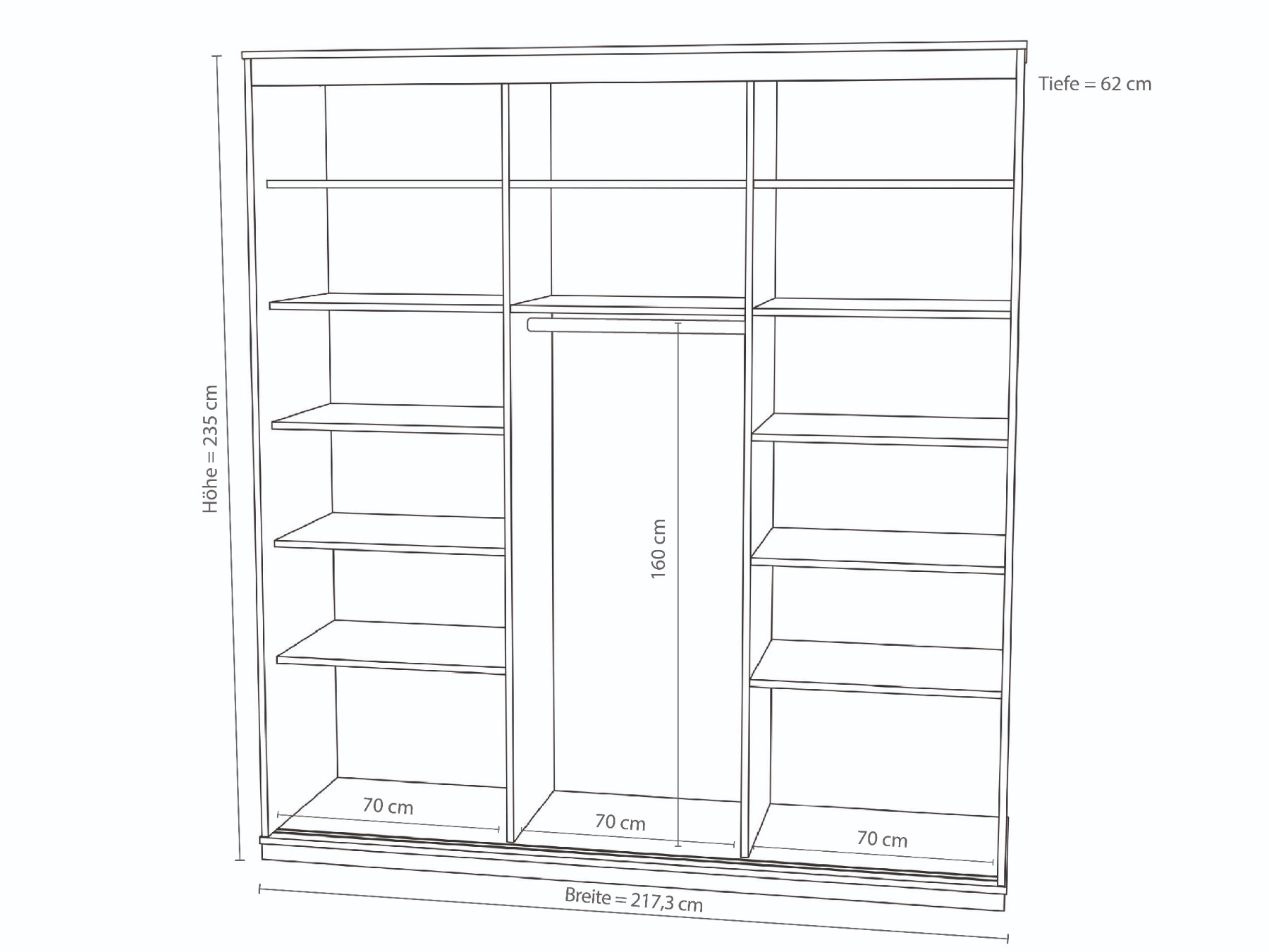 Einteilung eines 3-türigen Kleiderschrankes bei Schrankhöhe von 235 cm