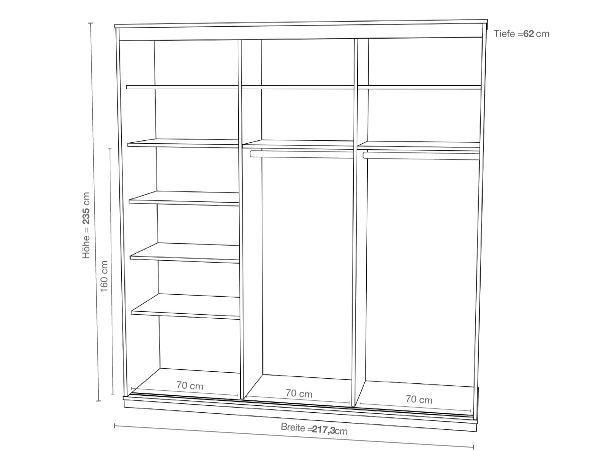 Einteilung eines 3-türigen Kleiderschrankes bei Schrankhöhe von 235 cm mit einer extra Kleiderstange rechts