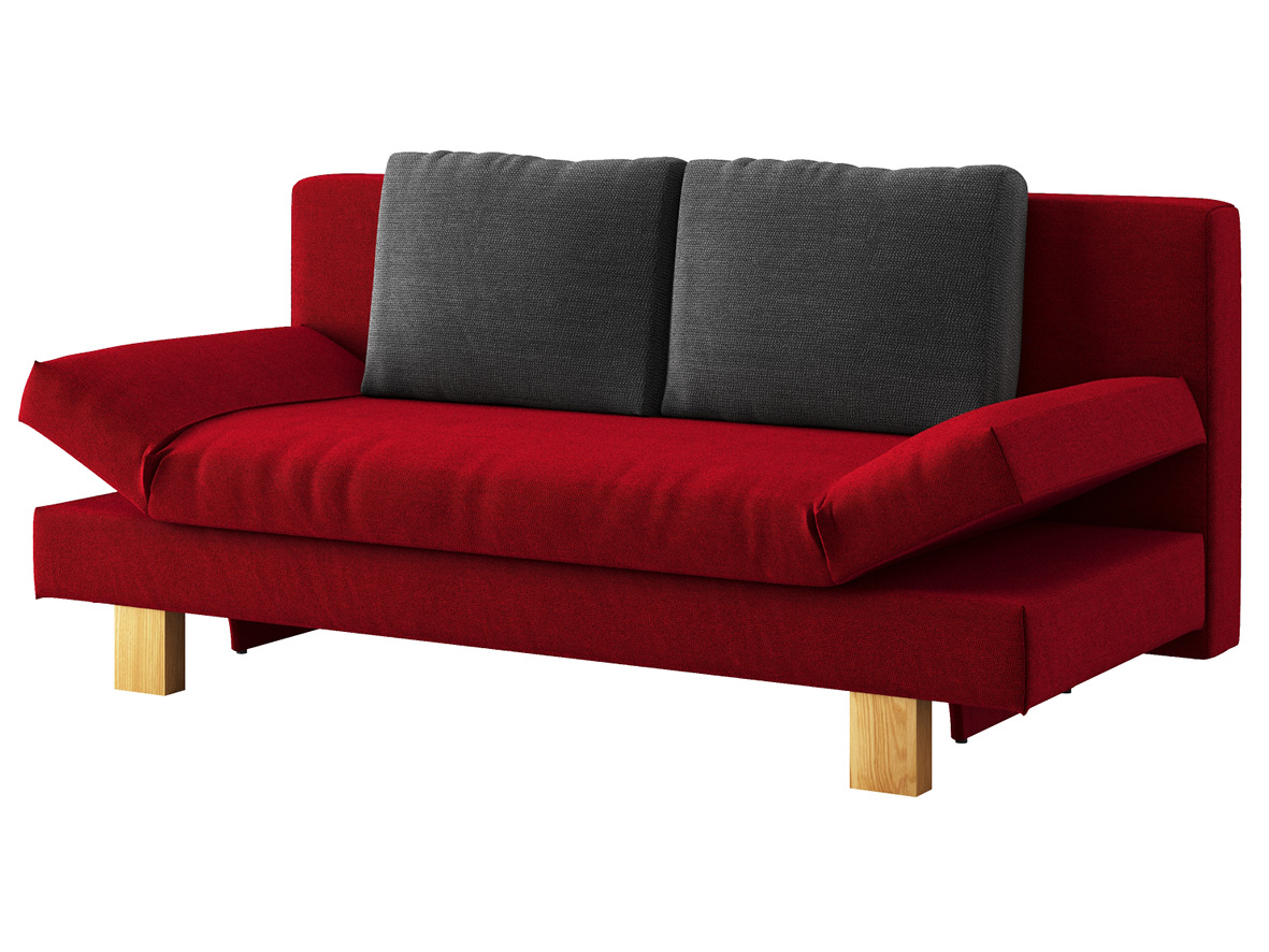 Sofa „Janina“ mit Stoff „Ankogel“: Sofafarbe Kirsch, Kissenfarbe Karbon, Holzfüße in Kastanie