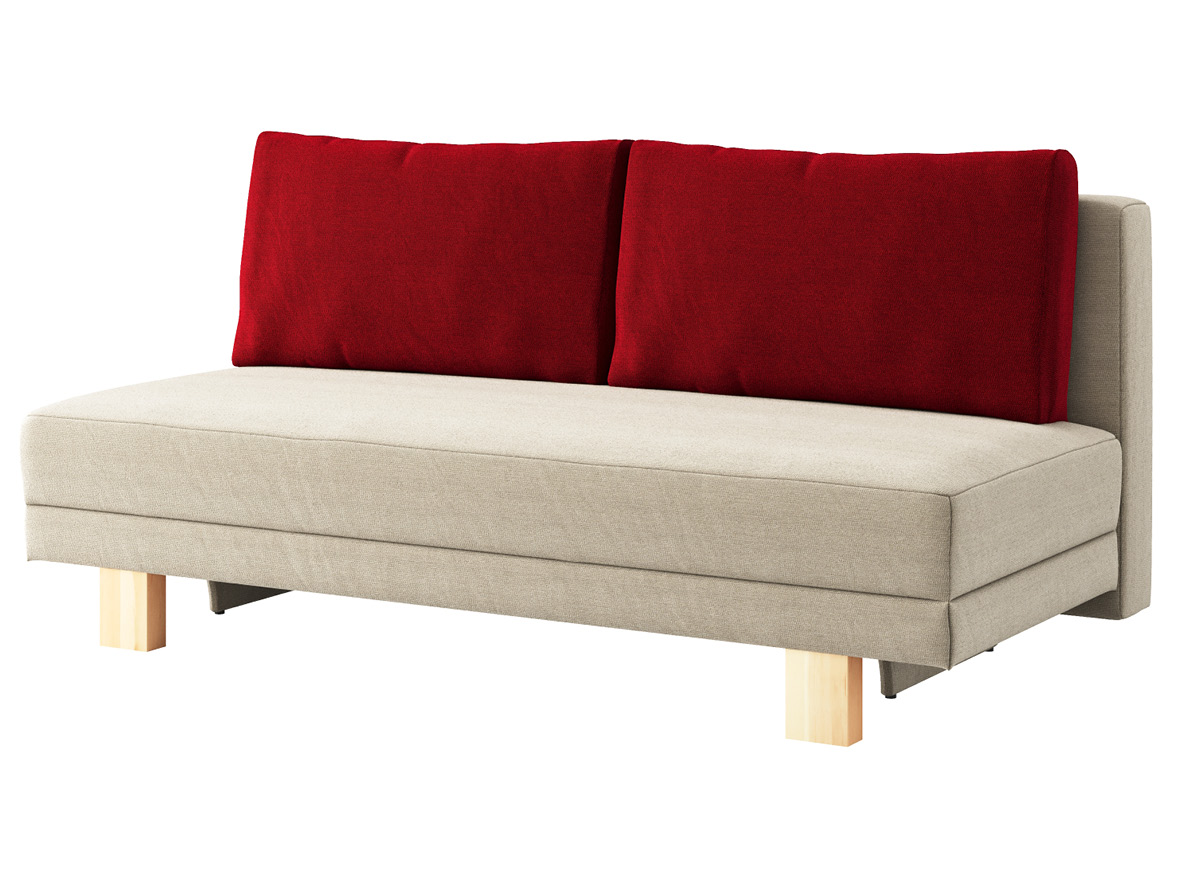 Sofa „Mara“ mit Stoff „Ankogel“: Sofafarbe Flanell, Kissenfarbe Kirsch, Holzfüße in Zirbe