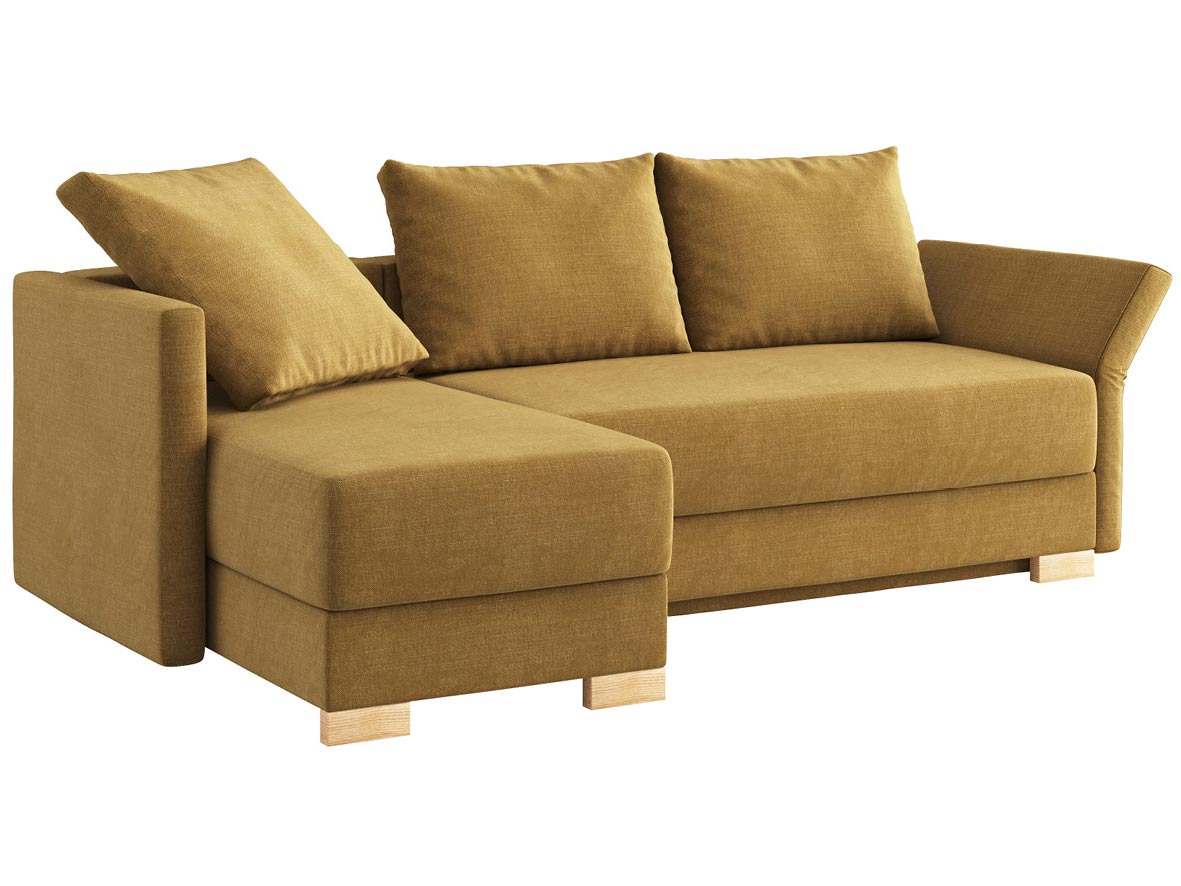 Sofa „Nathalie“ mit Stoff „Hochobir“: Sofafarbe Schlamm, 2 Rückenkissen und 1 Faltkissen in Farbe Schlamm, Anbauelement links, Holzfüße in Esche