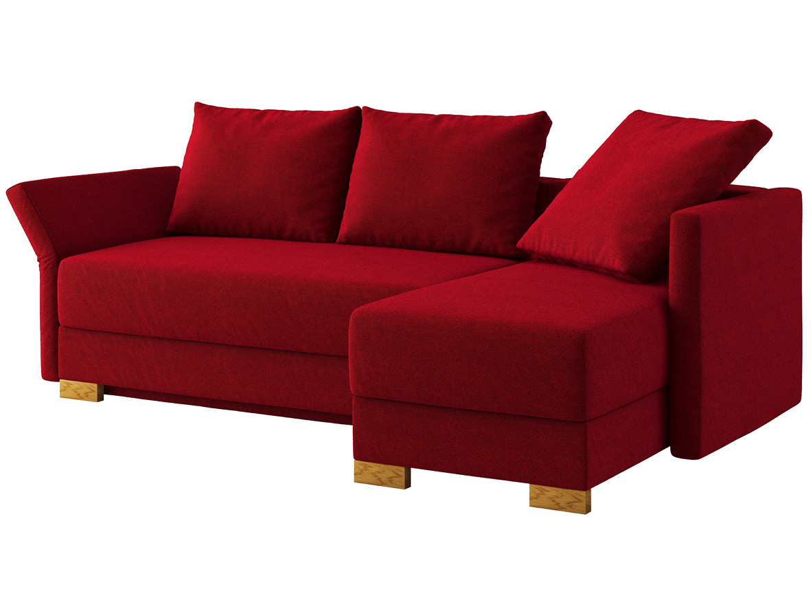 Sofa „Nathalie“ mit Stoff „Ankogel“: Sofafarbe Kirsch, 2 Rückenkissen und 1 Faltkissen in Farbe Kirsch, Anbauelement rechts, Holzfüße in Eiche