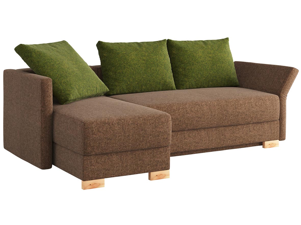 Sofa „Nathalie“ mit Stoff Loden von „Steiner 1888“: Sofafarbe Braun, 2 Rückenkissen und 1 Faltkissen in Farbe Grün, Anbauelement links, Holzfüße in Zirbe