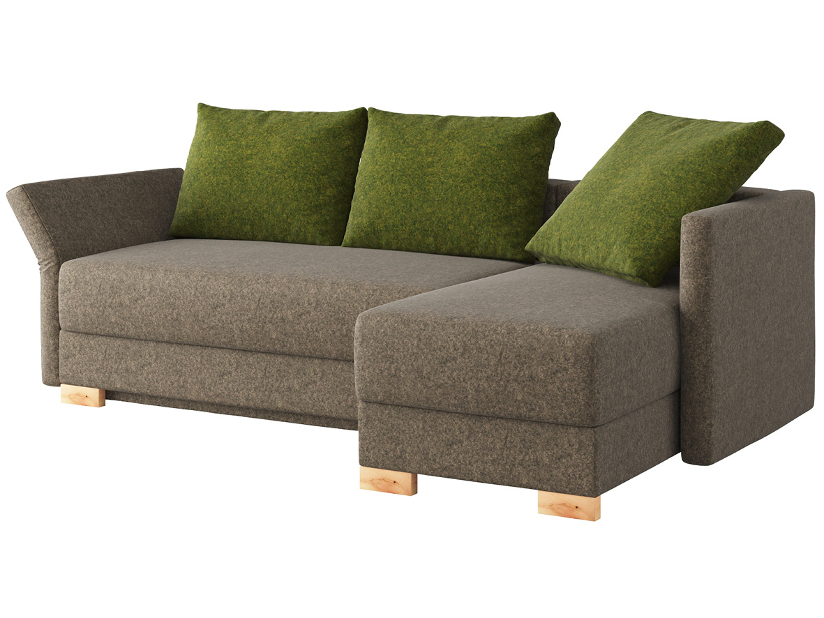 Sofa „Nathalie“ mit Stoff Loden von „Steiner 1888“: Sofafarbe Dunkelgrau, 2 Rückenkissen und 1 Faltkissen in Farbe Grün, Anbauelement rechts, Holzfüße in Zirbe