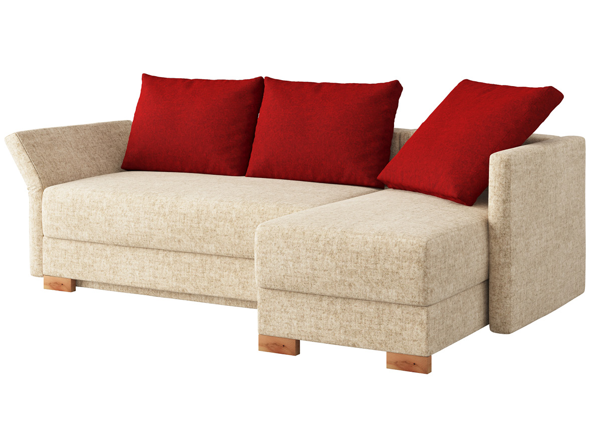Sofa „Nathalie“ mit Stoff Loden von „Steiner 1888“: Sofafarbe Beige, 2 Rückenkissen und 1 Faltkissen in Farbe Weinrot, Anbauelement rechts, Holzfüße in Zirbe geölt