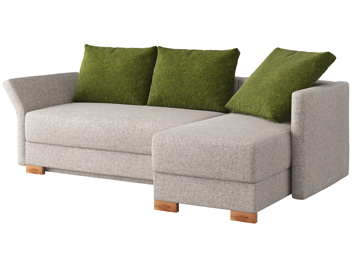 Sofa „Nathalie“ mit Stoff Loden von „Steiner 1888“: Sofafarbe Hellgrau, 2 Rückenkissen und 1 Faltkissen in Farbe Grün, Anbauelement rechts, Holzfüße in Zirbe geölt