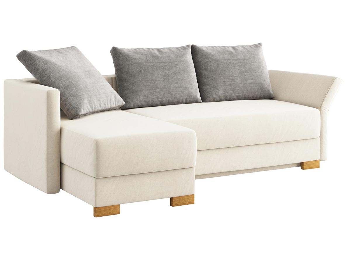 Sofa „Nathalie“ mit Stoff „Hochobir“: Sofafarbe Creme, 2 Rückenkissen und 1 Faltkissen in Farbe Hellgrau, Anbauelement links, Holzfüße in Kastanie
