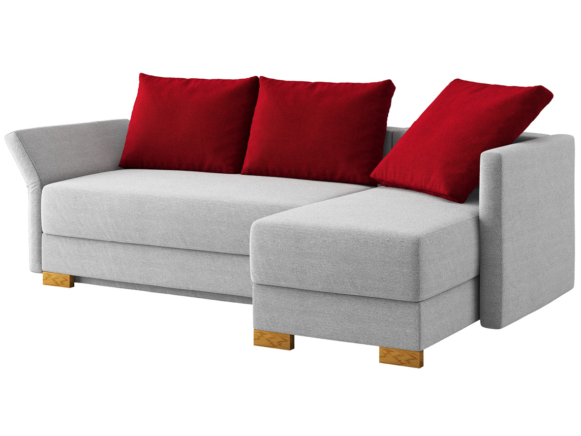 Sofa „Nathalie“ mit Stoff „Ankogel“: Sofafarbe Fels, 2 Rückenkissen und 1 Faltkissen in Farbe Kirsch, Anbauelement rechts, Holzfüße in Eiche