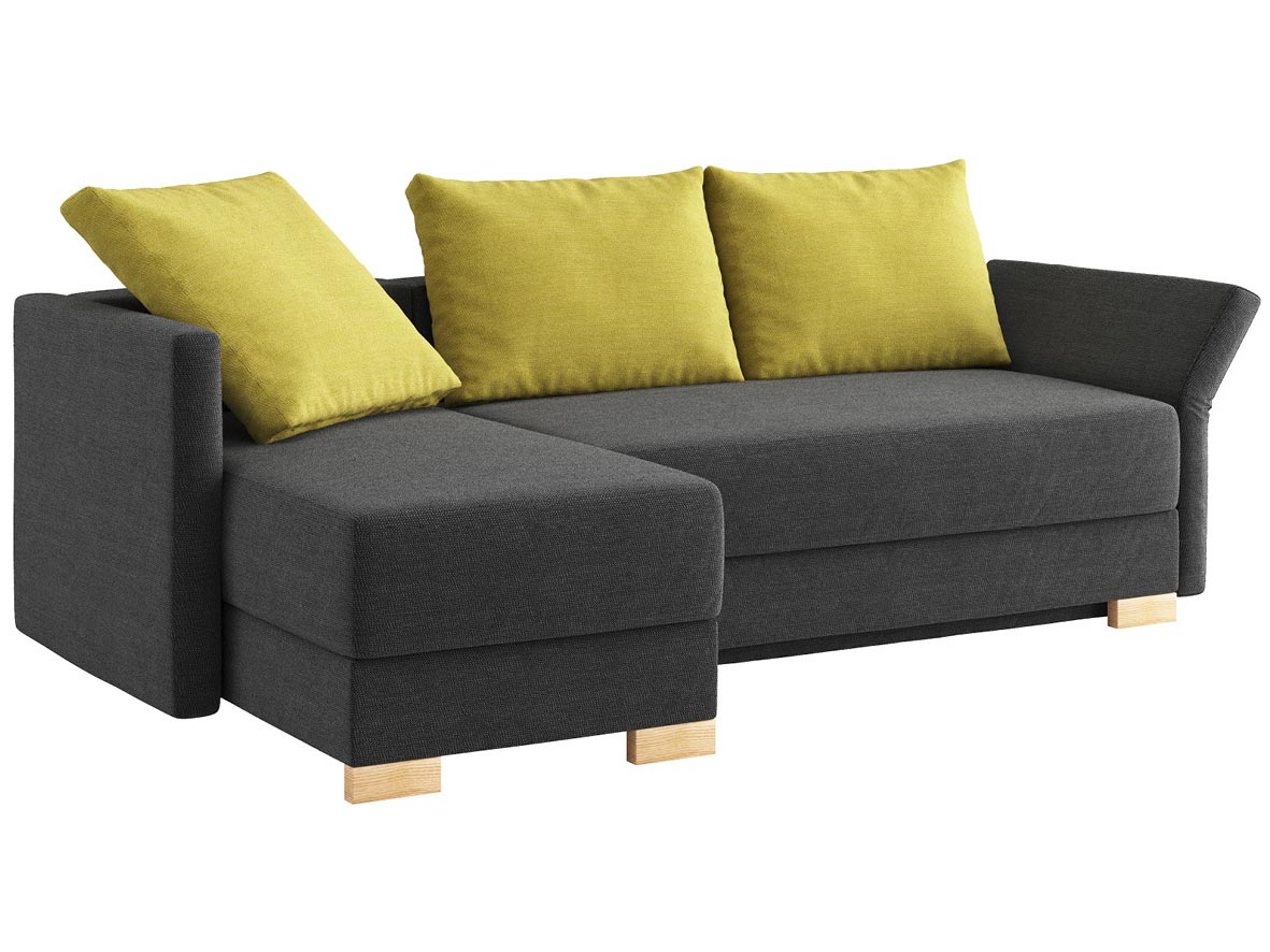 Sofa „Nathalie“ mit Stoff „Ankogel“: Sofafarbe Karbon, 2 Rückenkissen und 1 Faltkissen in Farbe Limette, Anbauelement links, Holzfüße in Esche
