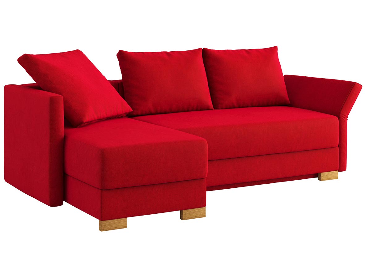 Sofa „Nathalie“ mit Stoff „Hochobir“: Sofafarbe Rot, 2 Rückenkissen und 1 Faltkissen in Farbe Rot, Anbauelement links, Holzfüße in Kastanie