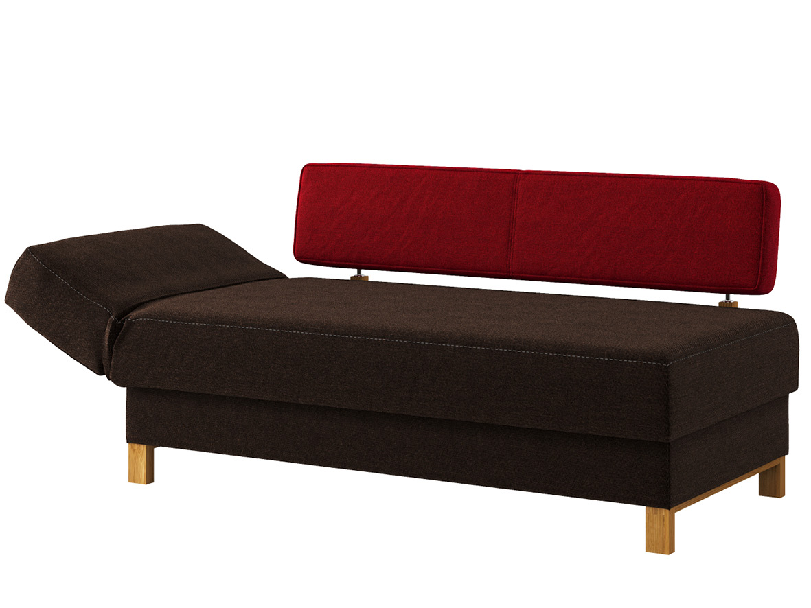 Sofa „Stella“ mit Stoff „Ankogel“: Sofafarbe Kaffee, Farbe der Rückenlehne Kirsch, Kopfteil links, Holzfüße in Wildeiche
