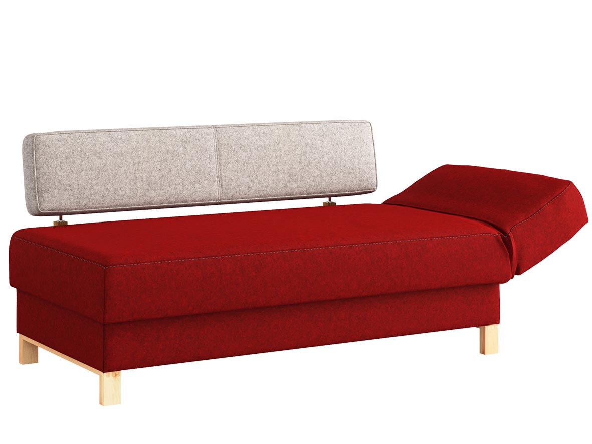 Sofa „Stella“ mit Stoff Loden von „Steiner 1888“: Sofafarbe Weinrot, Farbe der Rückenlehne Hellgrau, Kopfteil rechts, Holzfüße in Zirbe