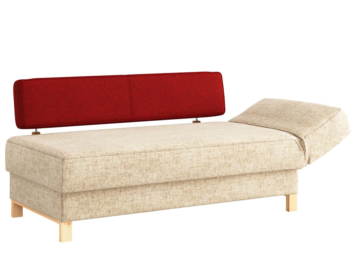 Sofa „Stella“ mit Stoff Loden von „Steiner 1888“: Sofafarbe Beige, Farbe der Rückenlehne Weinrot, Kopfteil rechts, Holzfüße in Zirbe