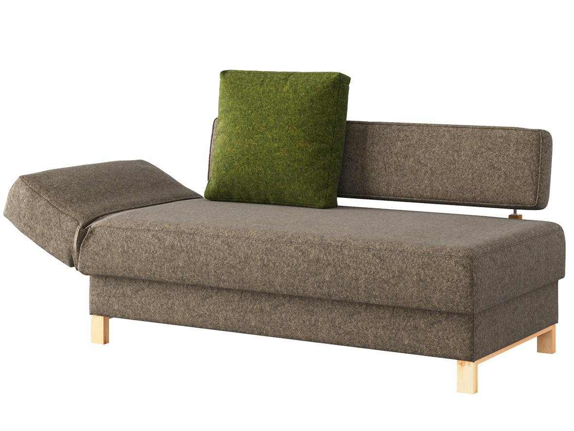 Sofa „Stella“ mit Stoff Loden von „Steiner 1888“ : Sofafarbe Dunkelgrau, Kissenfarbe Grün, Kopfteil links, Holzfüße in Zirbe