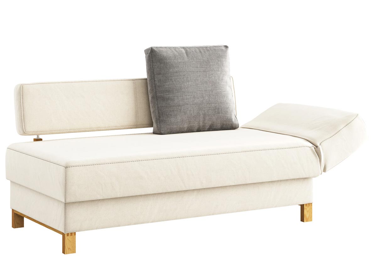 Sofa „Stella“ mit Stoff „Hochobir“: Sofafarbe Natur, Kissenfarbe Stein, Kopfteil rechts, Holzfüße in Kastanie