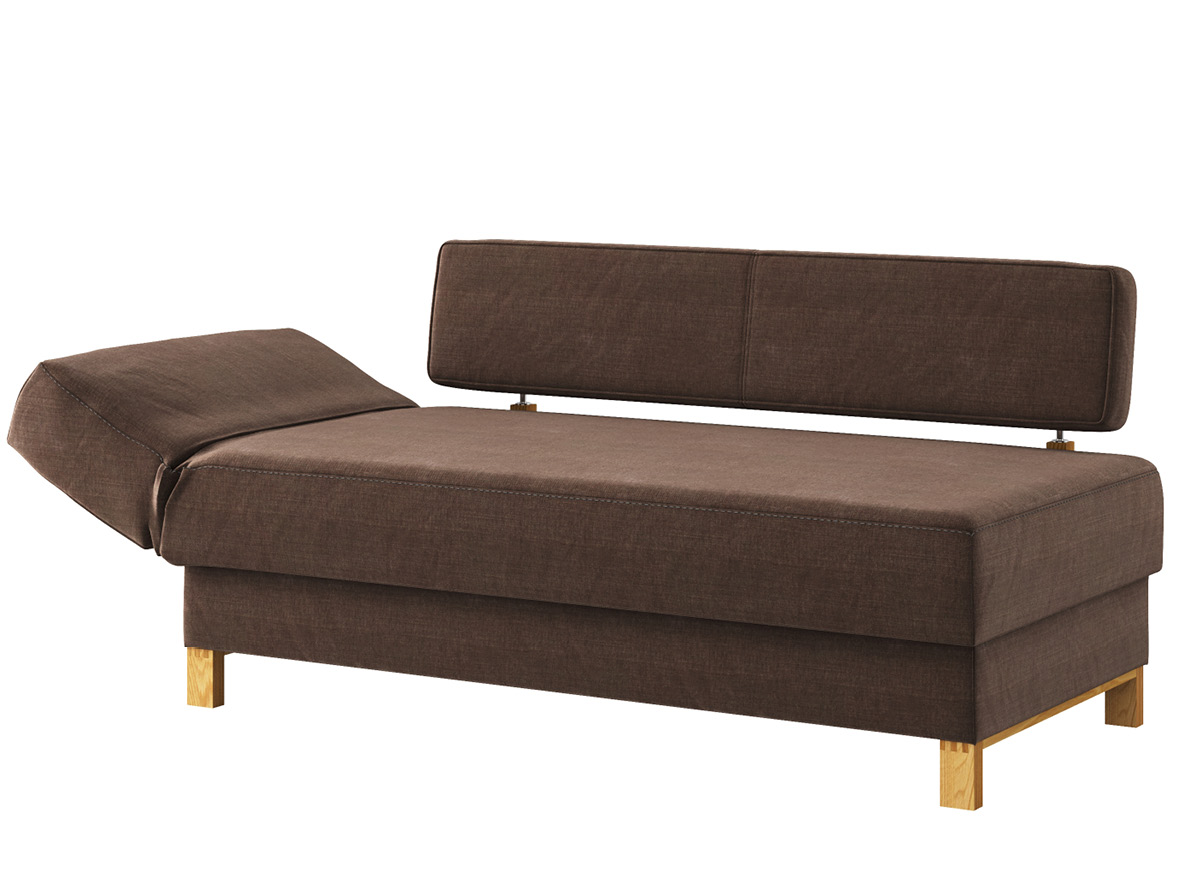 Sofa „Stella“ mit Stoff „Hochobir“: Sofafarbe Dunkelbraun, Kopfteil links, Holzfüße in Kastanie
