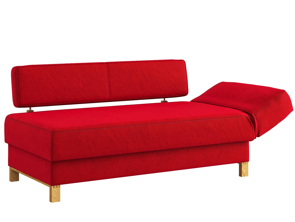 Sofa „Stella“ mit Stoff „Hochobir“: Sofafarbe Karmin, Kopfteil rechst, Holzfüße in Kastanie