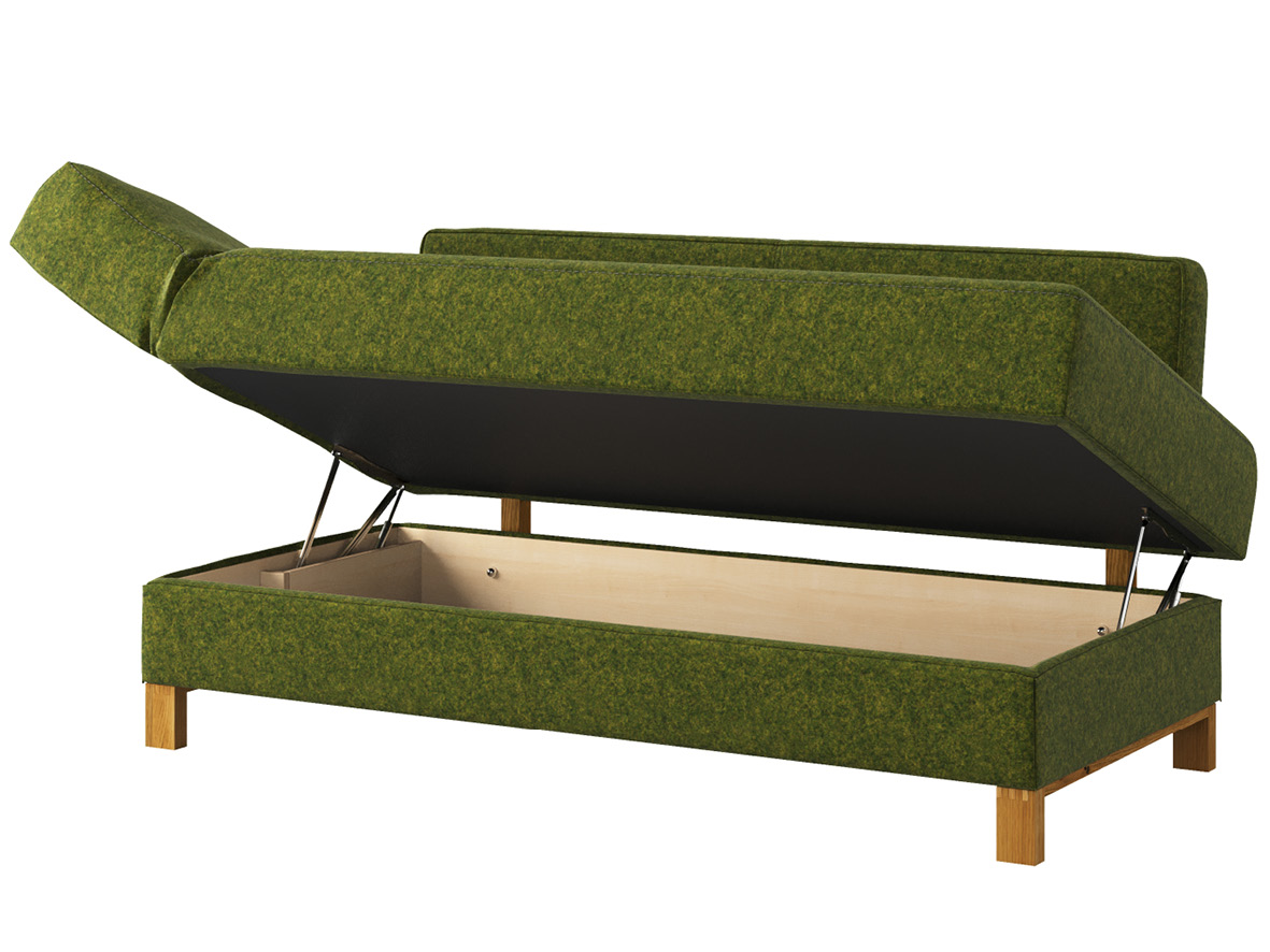 Der geräumige Bettkasten von Schlafsofa „Stella“ bietet ausreichend Stauraum.