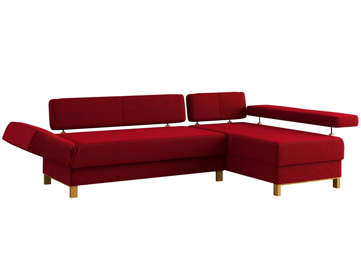 Sofa „Stella“ mit Stoff „Ankogel“: Sofafarbe Kirsch, Anbauelement rechts, Holzfüße in Eiche