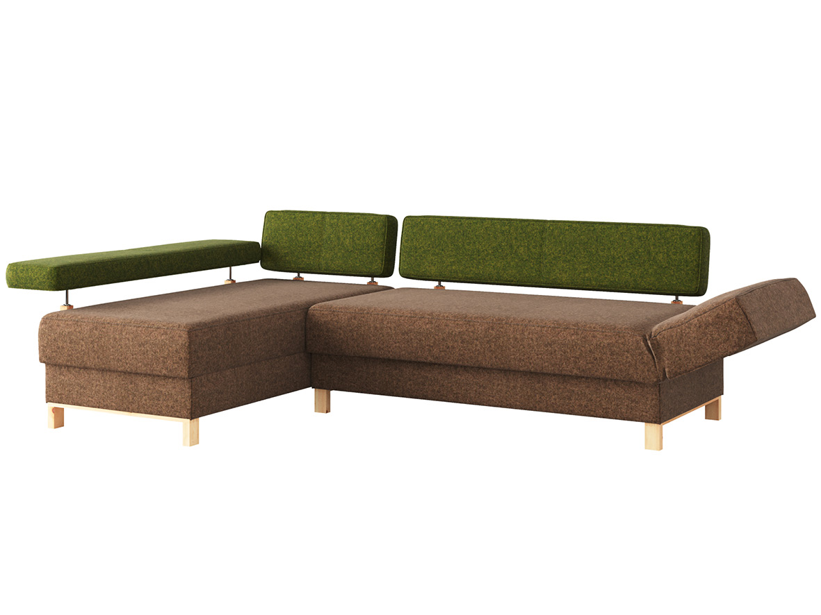 Sofa „Stella“ mit Stoff Loden von „Steiner 1888“: Sofafarbe Braun, Farbe der Rückenlehne Grün, Anbauelement links, Holzfüße in Zirbe
