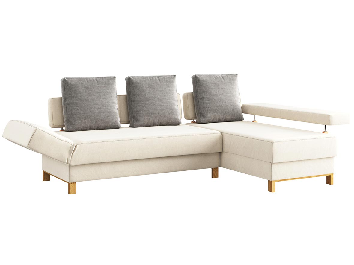 Sofa „Stella“ mit Stoff „Hochobir“: Sofafarbe Natur, Kissenfarbe Stein, Anbauelement rechts, Holzfüße in Kastanie