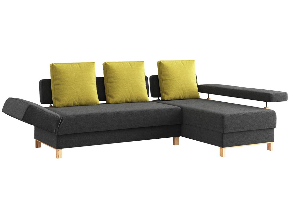 Sofa „Stella“ mit Stoff „Ankogel“: Sofafarbe Karbon, Kissenfarbe Limette, Anbauelement rechts, Holzfüße in Esche