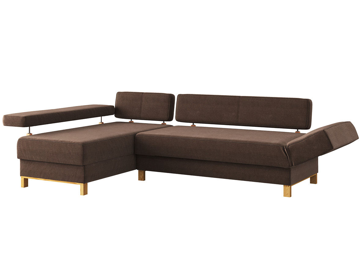 Sofa „Stella“ mit Stoff „Hochobir“: Sofafarbe Dunkelbraun, Anbauelement  links, Holzfüße in Kastanie