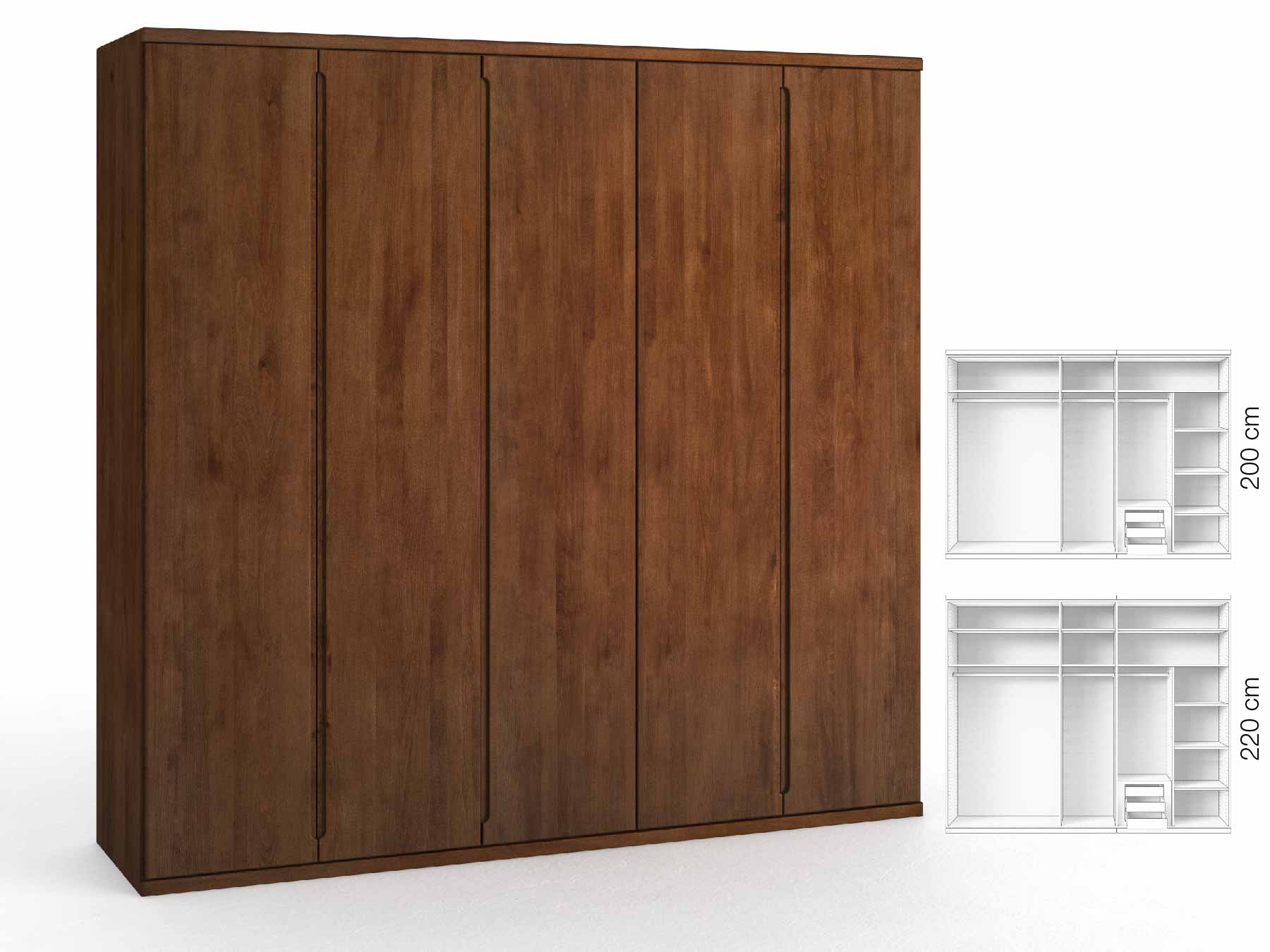 Buchenschrank Dunkel „Valentin“, 5-türig, Höhe 220 cm, Griffausführung „Lukas“, Inneneinrichtung: C