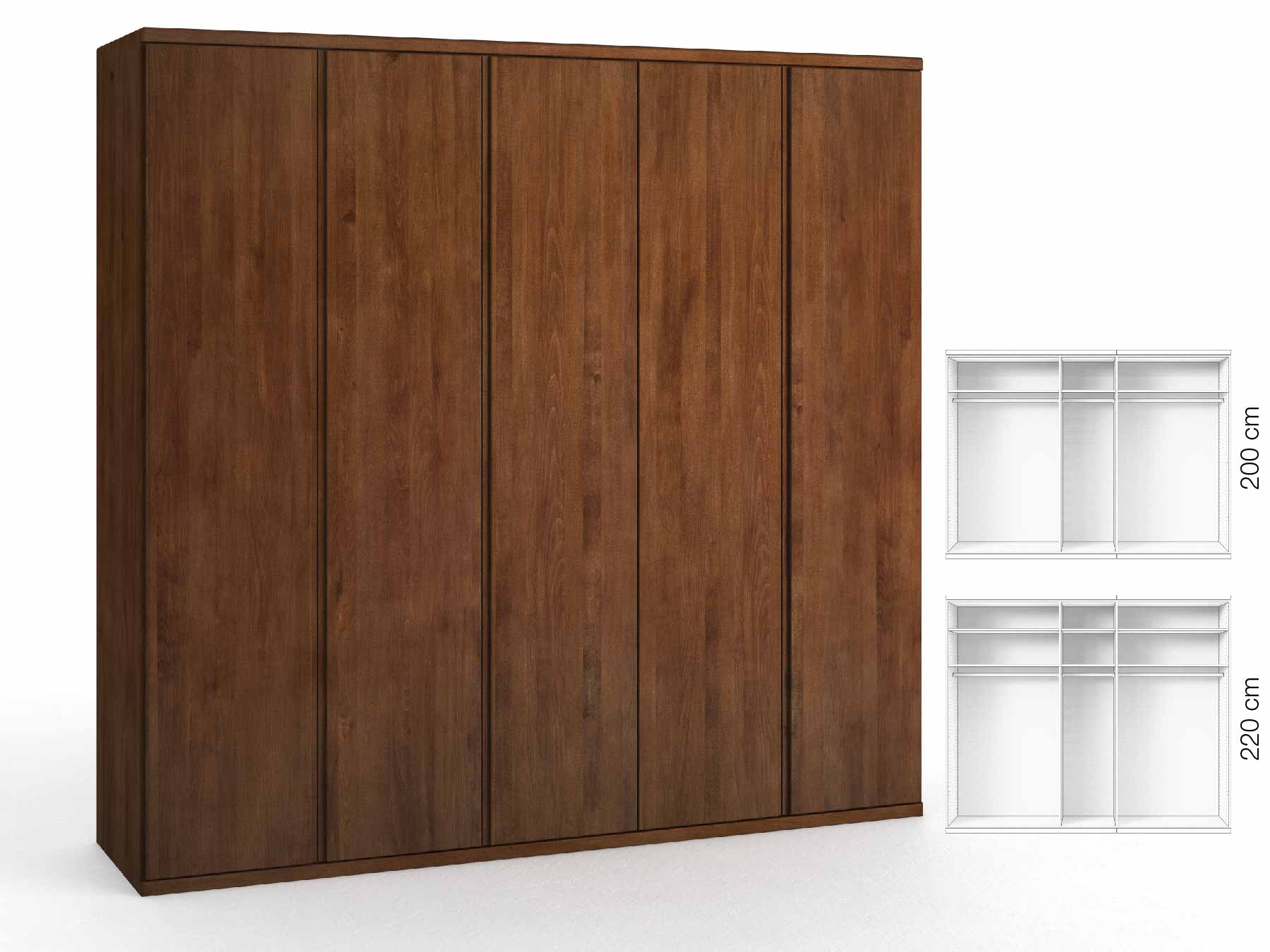 Buchenschrank Dunkel „Valentin“, 5-türig, Höhe 220 cm, Griffausführung „Patrizia“, Inneneinrichtung: A