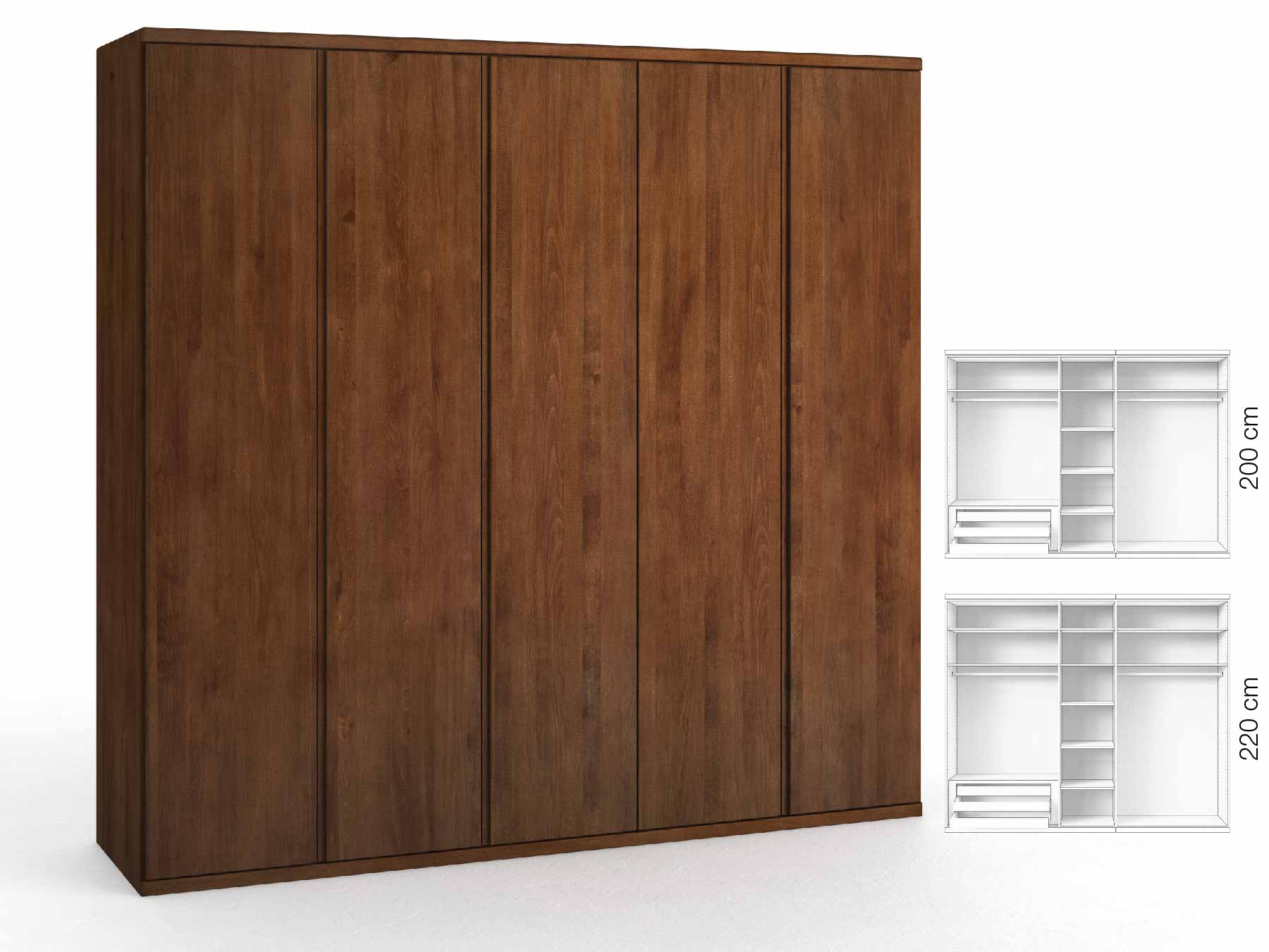 Buchenschrank Dunkel „Valentin“, 5-türig, Höhe 220 cm, Griffausführung „Patrizia“, Inneneinrichtung: D