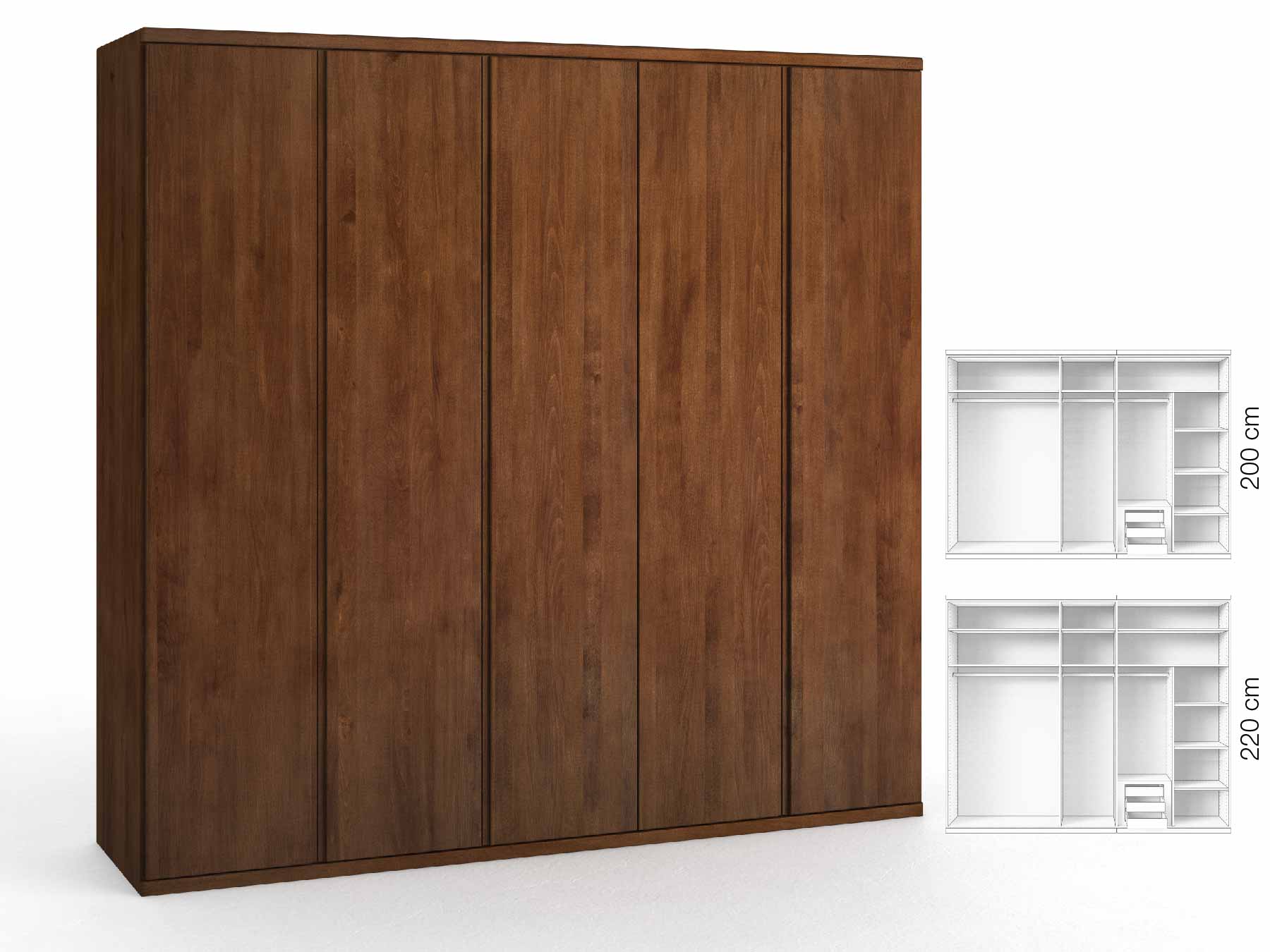 Buchenschrank Dunkel „Valentin“, 5-türig, Höhe 220 cm, Griffausführung „Patrizia“, Inneneinrichtung: C