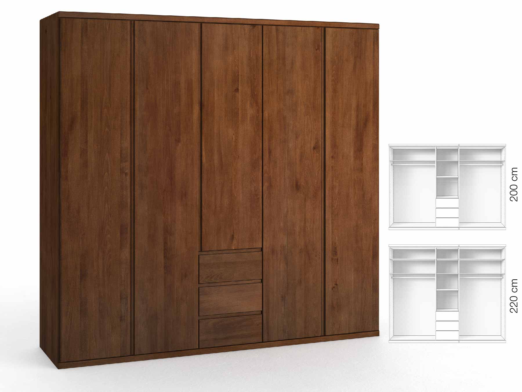 Buchenschrank Dunkel „Valentin“, 5-türig, Höhe 220 cm, Griffausführung „Patrizia“, Inneneinrichtung: E