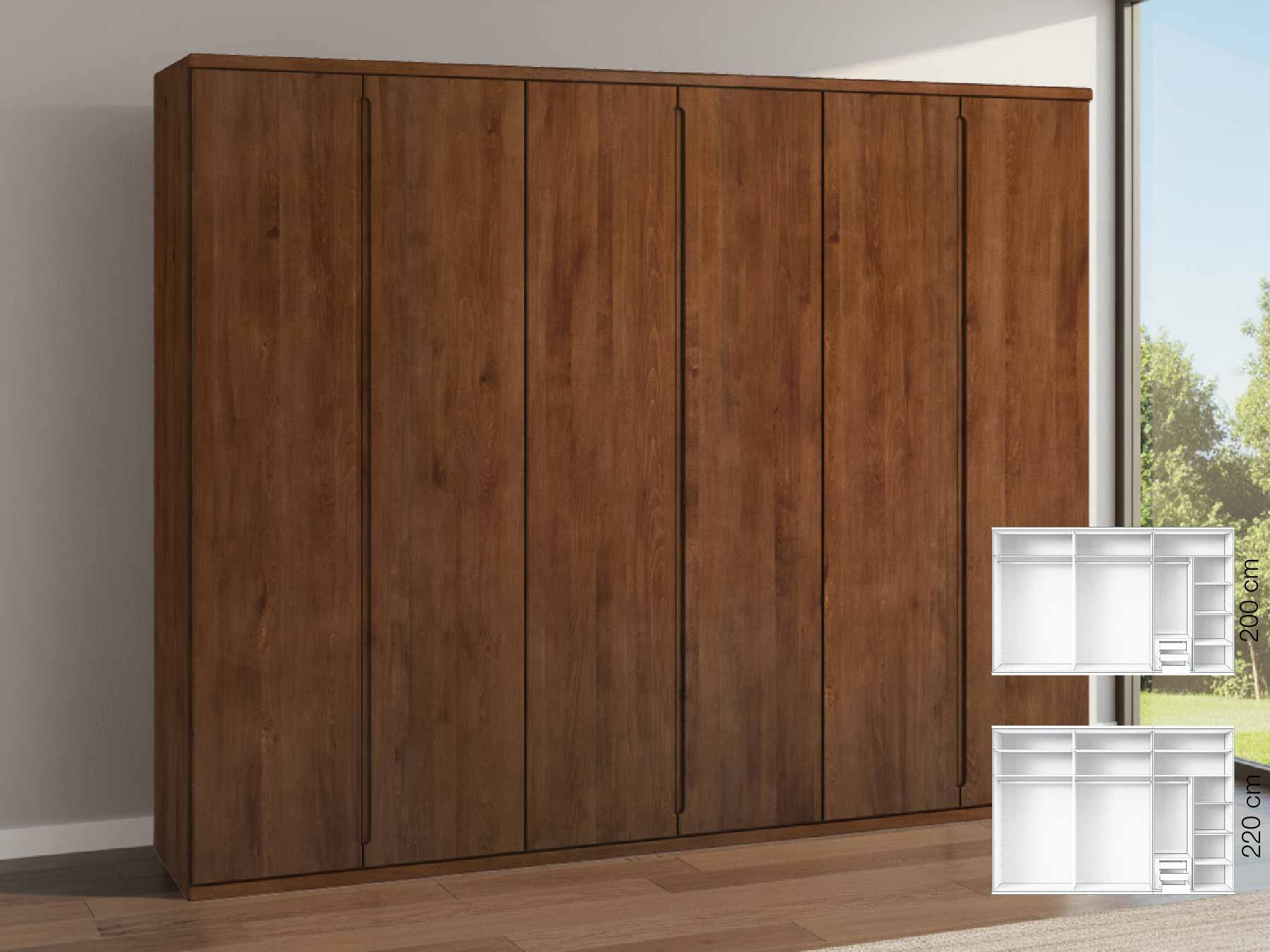 Buchenschrank „Valentin“, 6-türig, Höhe 220 cm, Griffausführung „Lukas“, Inneneinrichtung: C