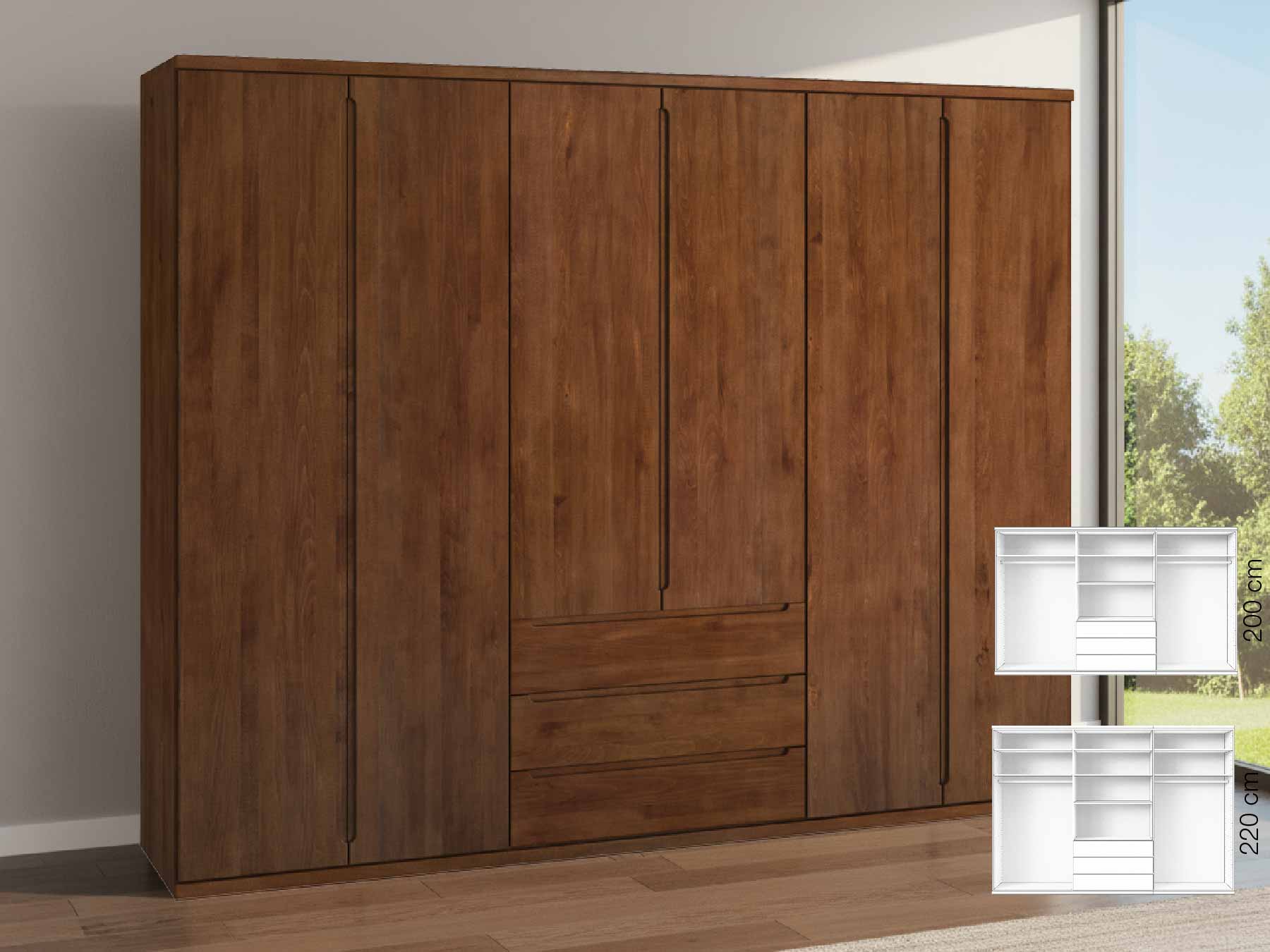 Buchenschrank „Valentin“, 6-türig, Höhe 220 cm, Griffausführung „Lukas“, Inneneinrichtung: D