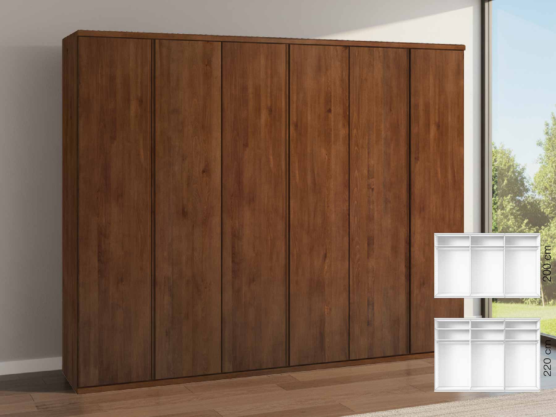 Buchenschrank Dunkel „Valentin“, 6-türig, Höhe 220 cm, Griffausführung „Patrizia“, Inneneinrichtung: A 