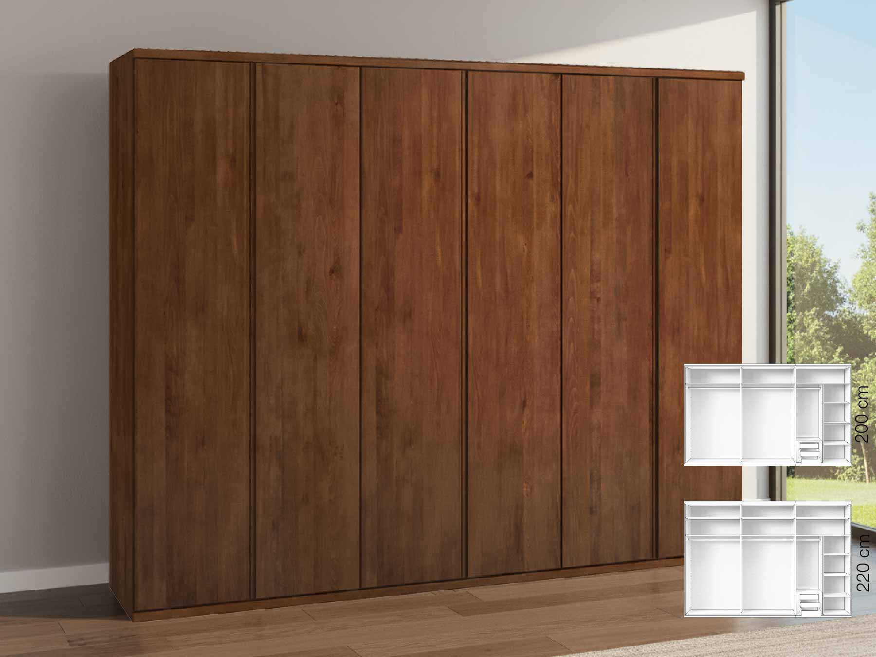 Buchenschrank „Valentin“, 6-türig, Höhe 220 cm, Griffausführung „Patrizia“, Inneneinrichtung: C