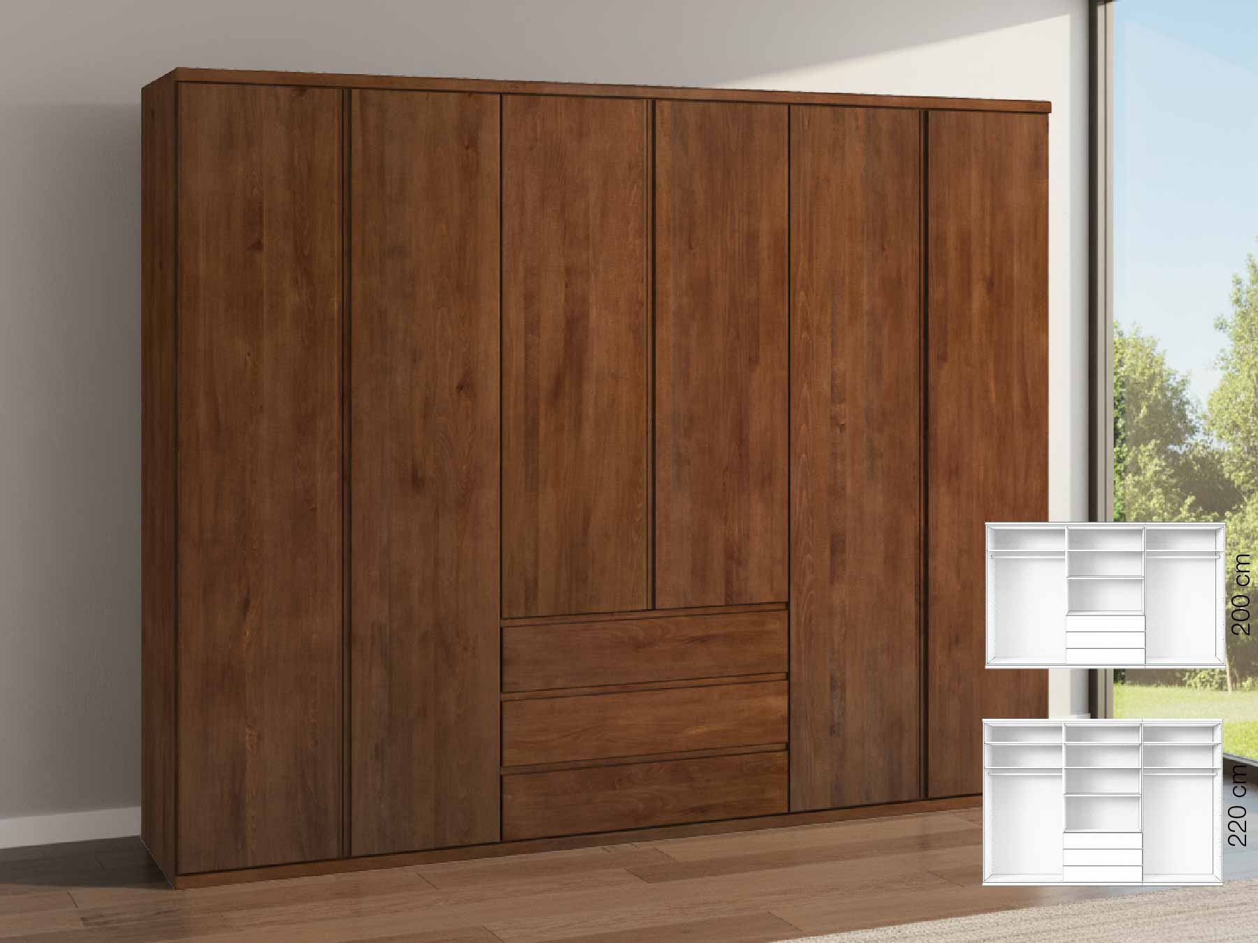 Buchenschrank „Valentin“, 6-türig, Höhe 220 cm, Griffausführung „Patrizia“, Inneneinrichtung: D