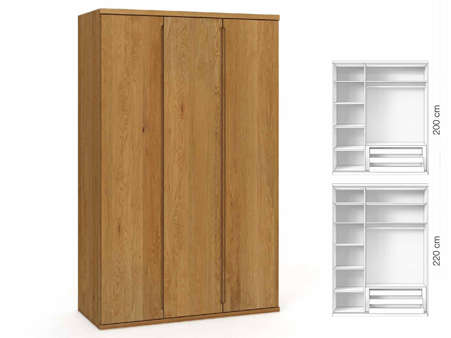 Eichenschrank „Valentin“, 3-türig, Höhe 220 cm, Griffausführung „Lukas“, Inneneinrichtung: C