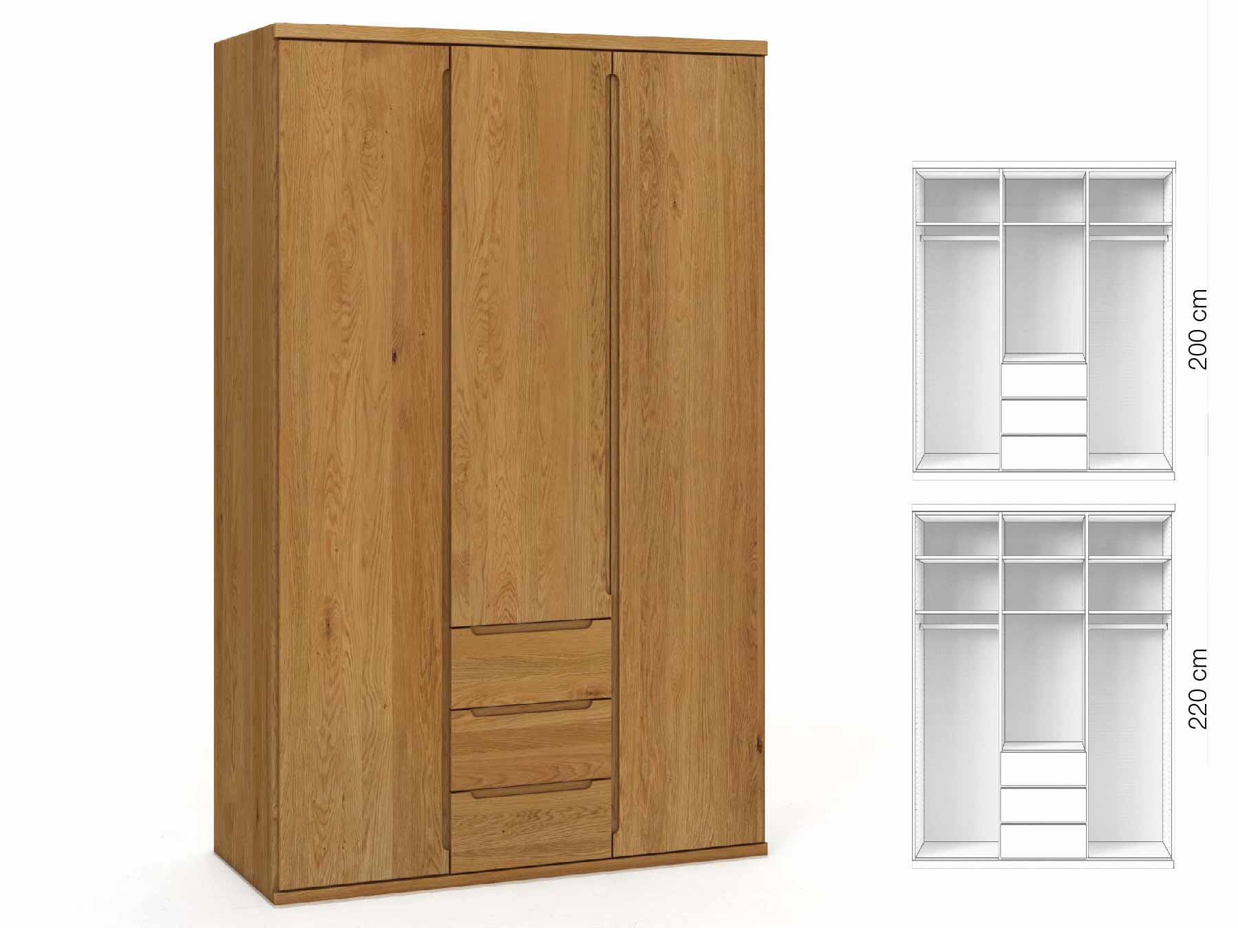 Eichenschrank „Valentin“, 3-türig, Höhe 220 cm, Griffausführung „Lukas“, Inneneinrichtung: E