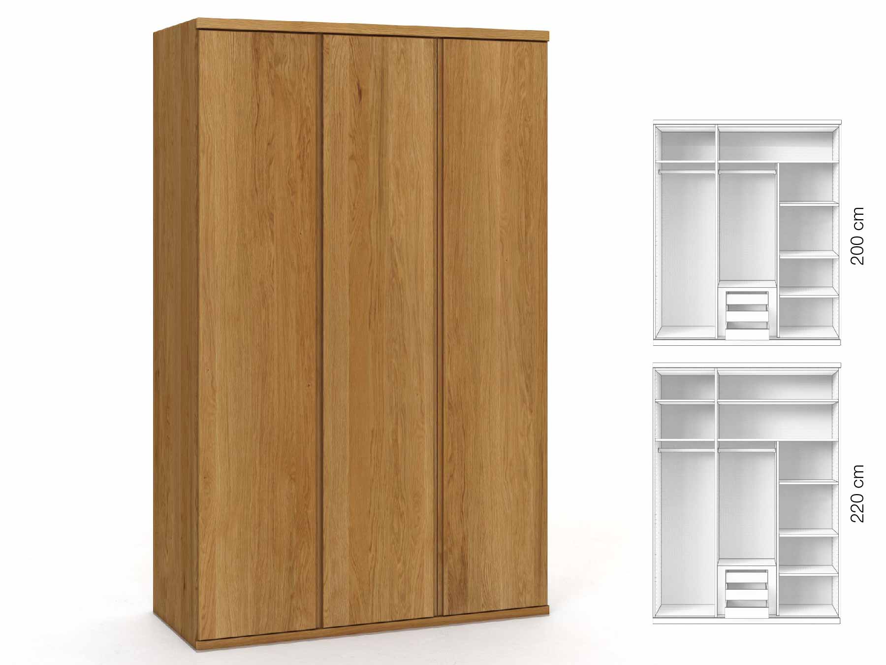 Eichenschrank „Valentin“, 3-türig, Höhe 220 cm, Griffausführung „Patrizia“, Inneneinrichtung: D