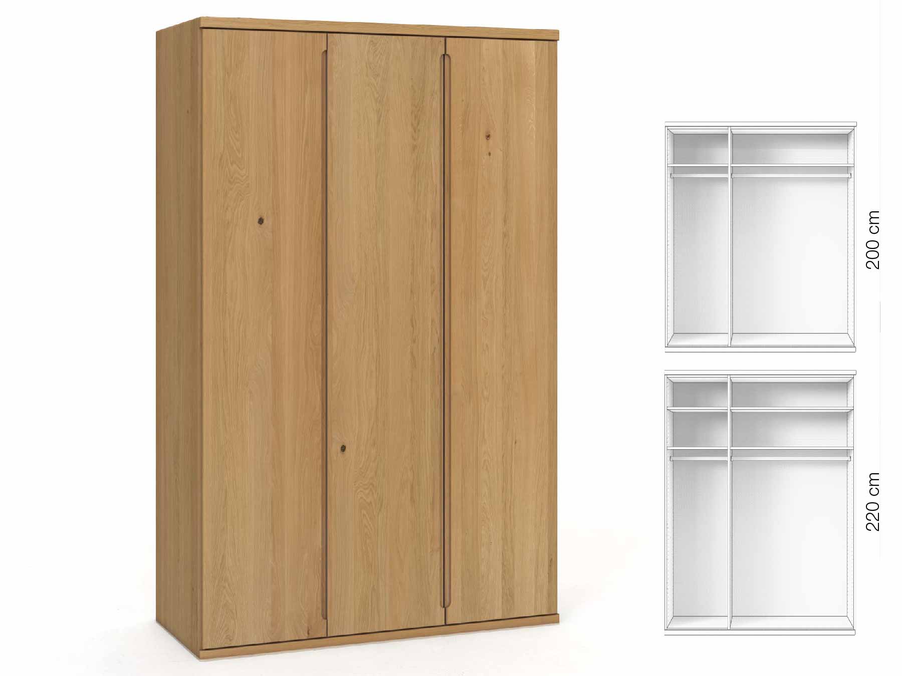 Eichenschrank Hell „Valentin“, 3-türig, Höhe 220 cm, Griffausführung „Lukas“, Inneneinrichtung: A