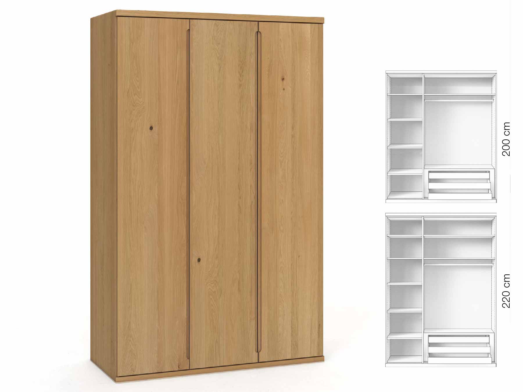 Eichenschrank Hell „Valentin“, 3-türig, Höhe 220 cm, Griffausführung „Lukas“, Inneneinrichtung: C